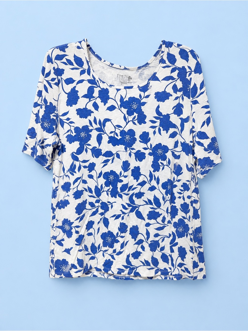 Time and Tru White Tee with Blue Floral Print